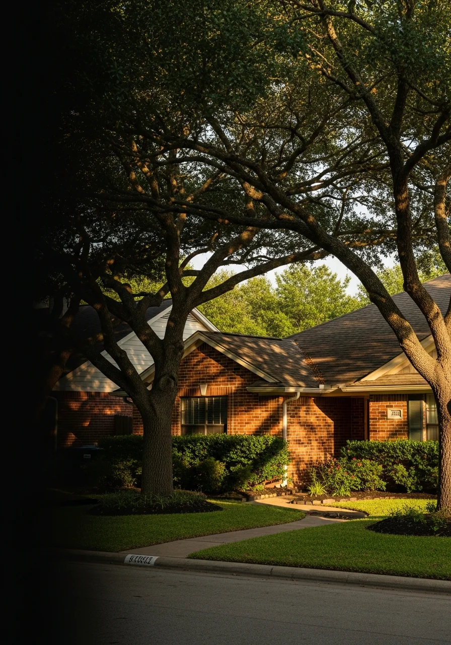 Detail of a Beaumont home's exterior showing local architectural style and mature landscaping.