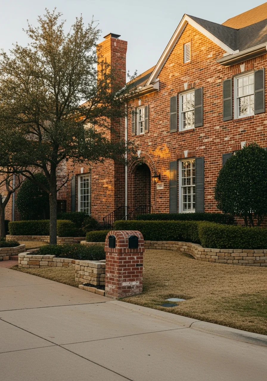 Detail of a Dallas home's exterior showing architectural style and landscaping common to the metro area.