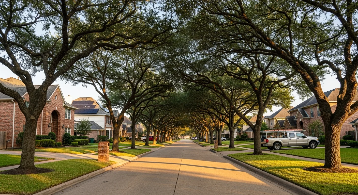 Residential street in Houston with mature oak trees and brick homes typical of established neighborhoods.