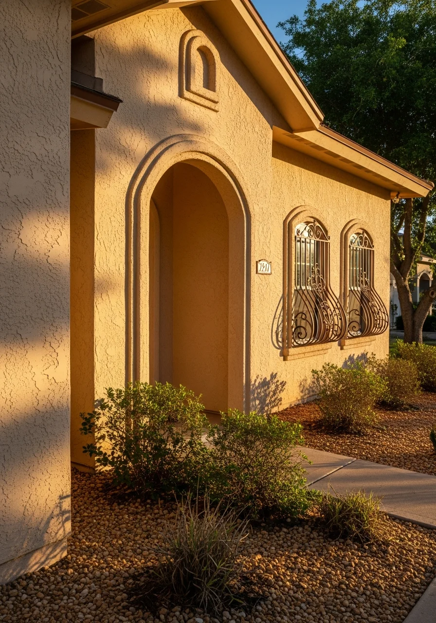 Close-up of a McAllen home's exterior showing Valley architectural style and heat-adapted landscaping.