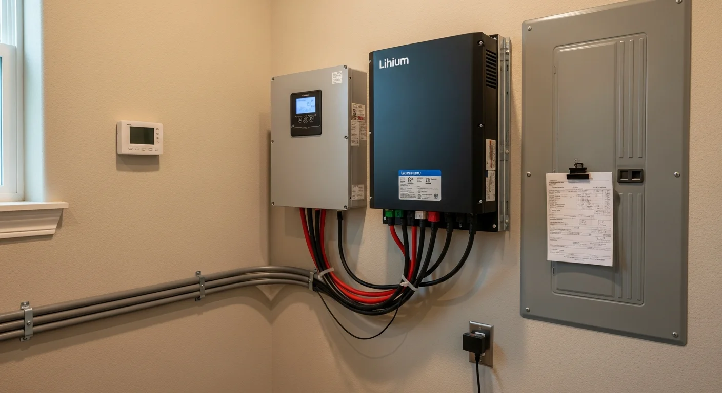 A wall-mounted home battery backup system installed in a Houston garage, connected to the home's electrical panel. The unit is shown fully wired and commissioned, ready to provide automatic backup power during grid outages.