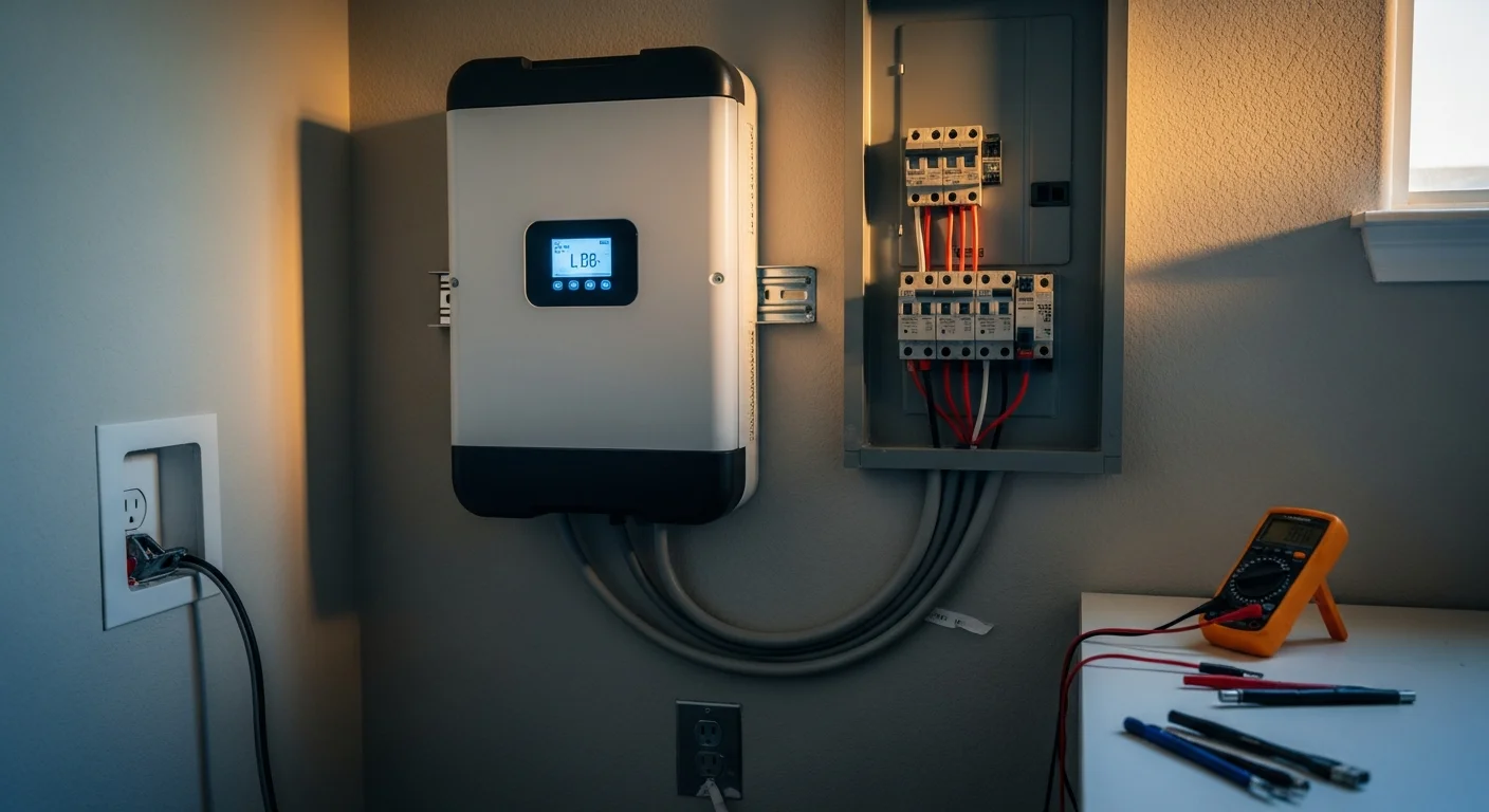 A home battery storage unit mounted on the interior wall of a Houston garage, connected to the home's electrical panel with visible conduit and wiring. The installation shows a clean, finished setup typical of residential battery backup systems in the Houston metro area.