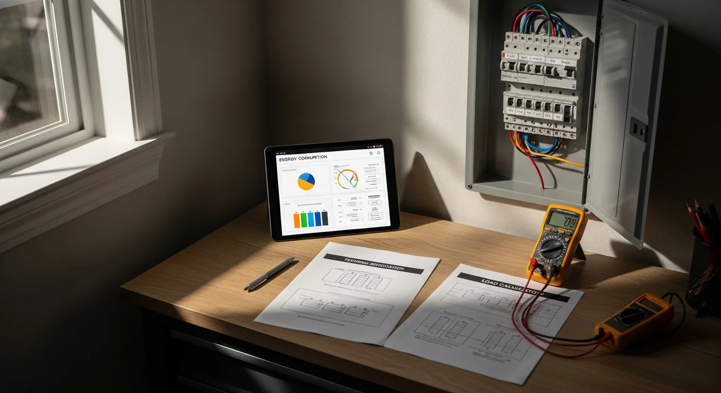 A Sun Capital Energy consultant reviewing a battery storage system assessment with a Houston homeowner at a kitchen table, with a home solar array visible through the window. Printed energy usage charts and a tablet showing storage capacity options are spread across the table.