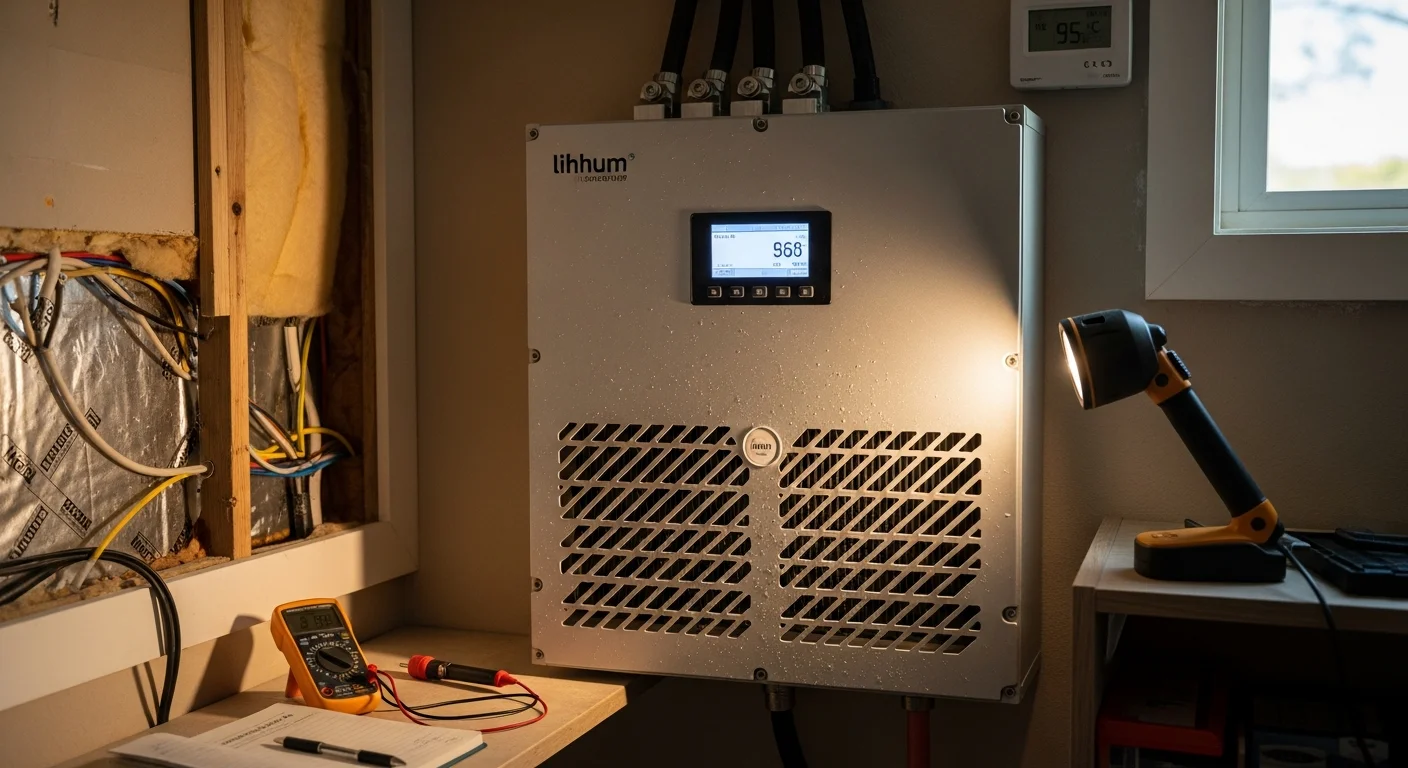 A residential battery storage system mounted on an interior wall in a Houston home, with a technician from Sun Capital Energy inspecting the electrical connections and display panel during a routine maintenance visit.