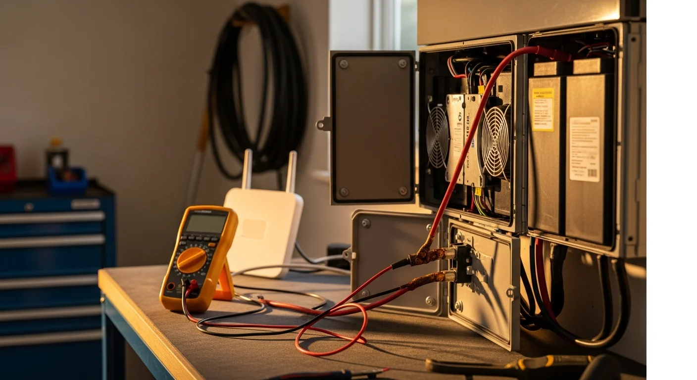 A residential battery storage system mounted on an interior wall of a Houston home, showing a technician inspecting wiring connections and a diagnostic tablet displaying system health data.