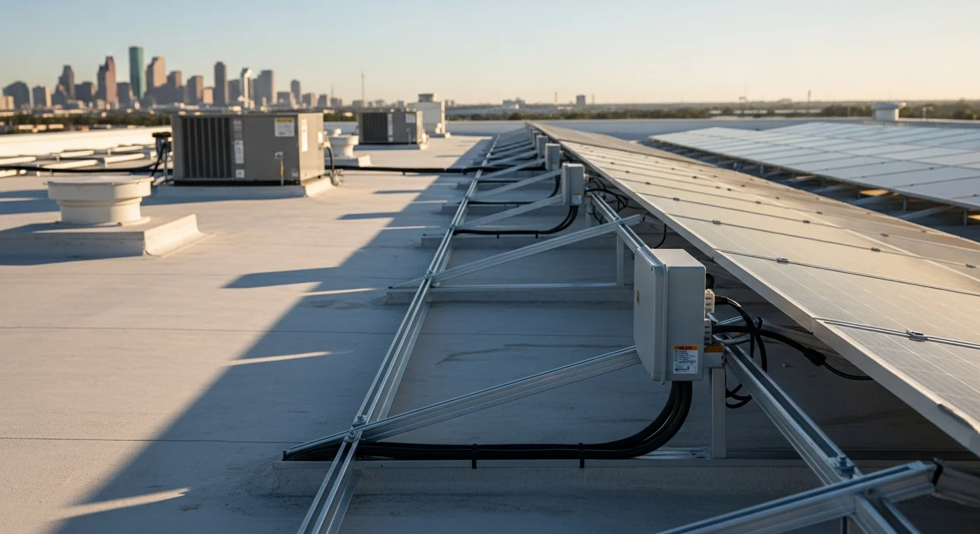 Commercial solar panels installed across a flat warehouse rooftop in Houston, Texas, with rows of panels angled to capture direct sunlight under a clear blue sky. The facility sits in an industrial area typical of the greater Houston commercial corridor.