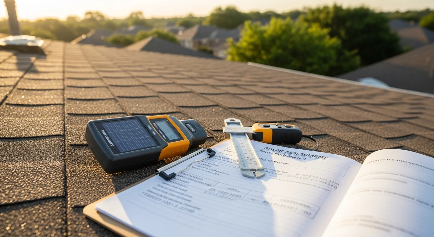A Sun Capital Energy consultant reviewing a Houston home's roof orientation and shading conditions during an on-site energy efficiency consultation. The single-story residential property is shown under clear Texas skies with visible roofline angles being assessed.