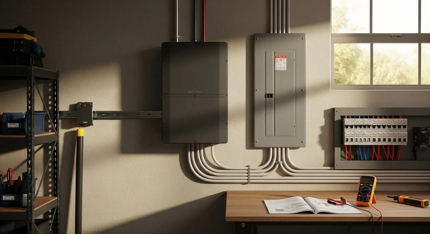 A home battery system mounted on the interior wall of a Houston residential garage, with clean electrical conduit connections and indicator lights visible. The installation shows a modern energy storage unit sized for whole-home backup in a single-family Houston property.