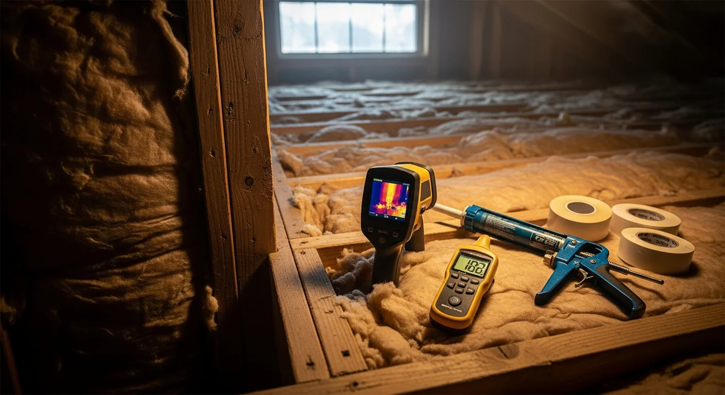 A Sun Capital Energy consultant reviewing an energy assessment report with a Houston homeowner inside a single-family home. A tablet displays the home's energy usage data alongside notes on attic insulation and duct performance.