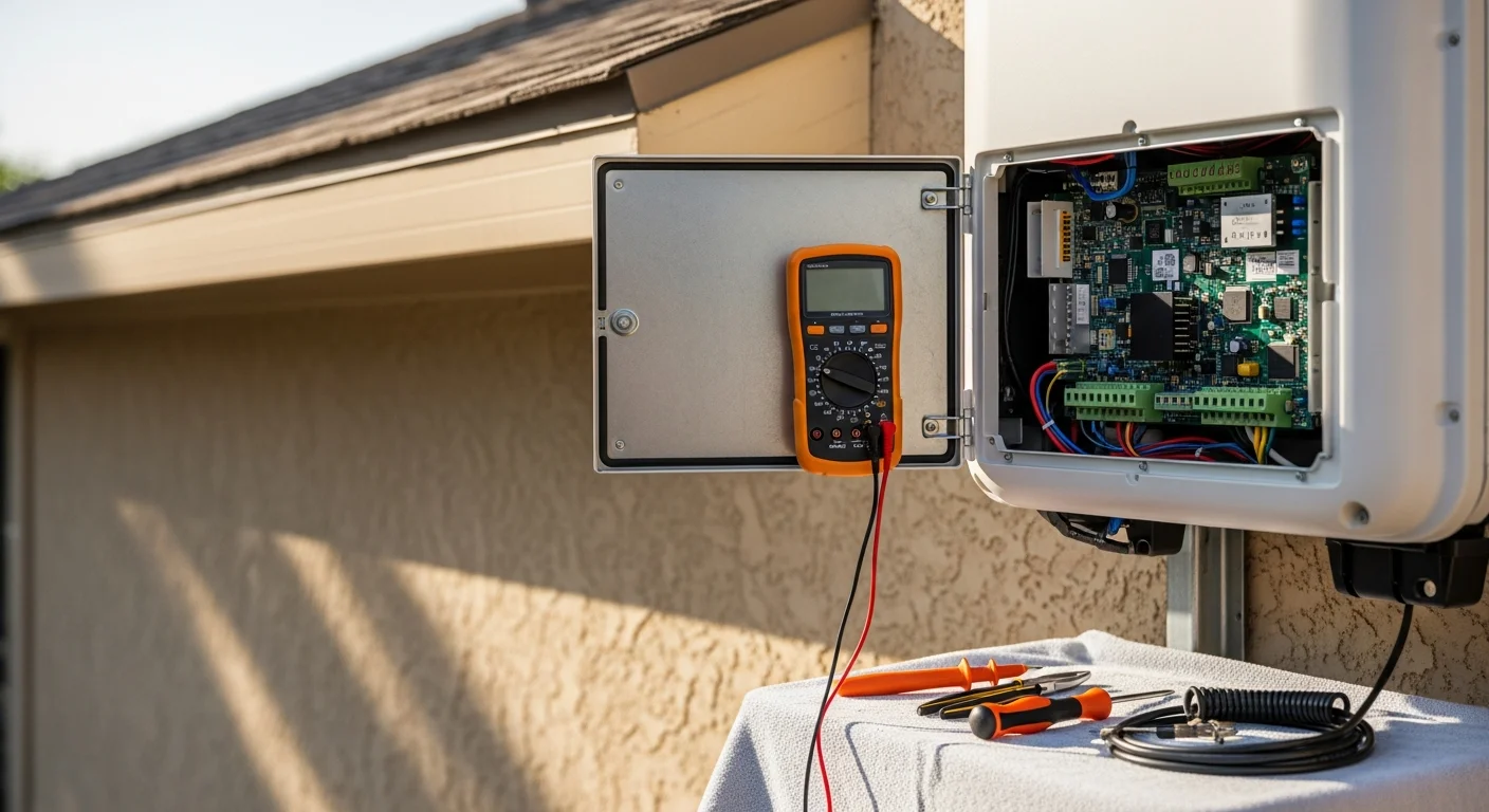 A solar inverter mounted on an exterior wall of a Houston home, showing a technician inspecting internal components and wiring connections during a repair visit. The residential rooftop solar panels are visible in the background under a clear Texas sky.