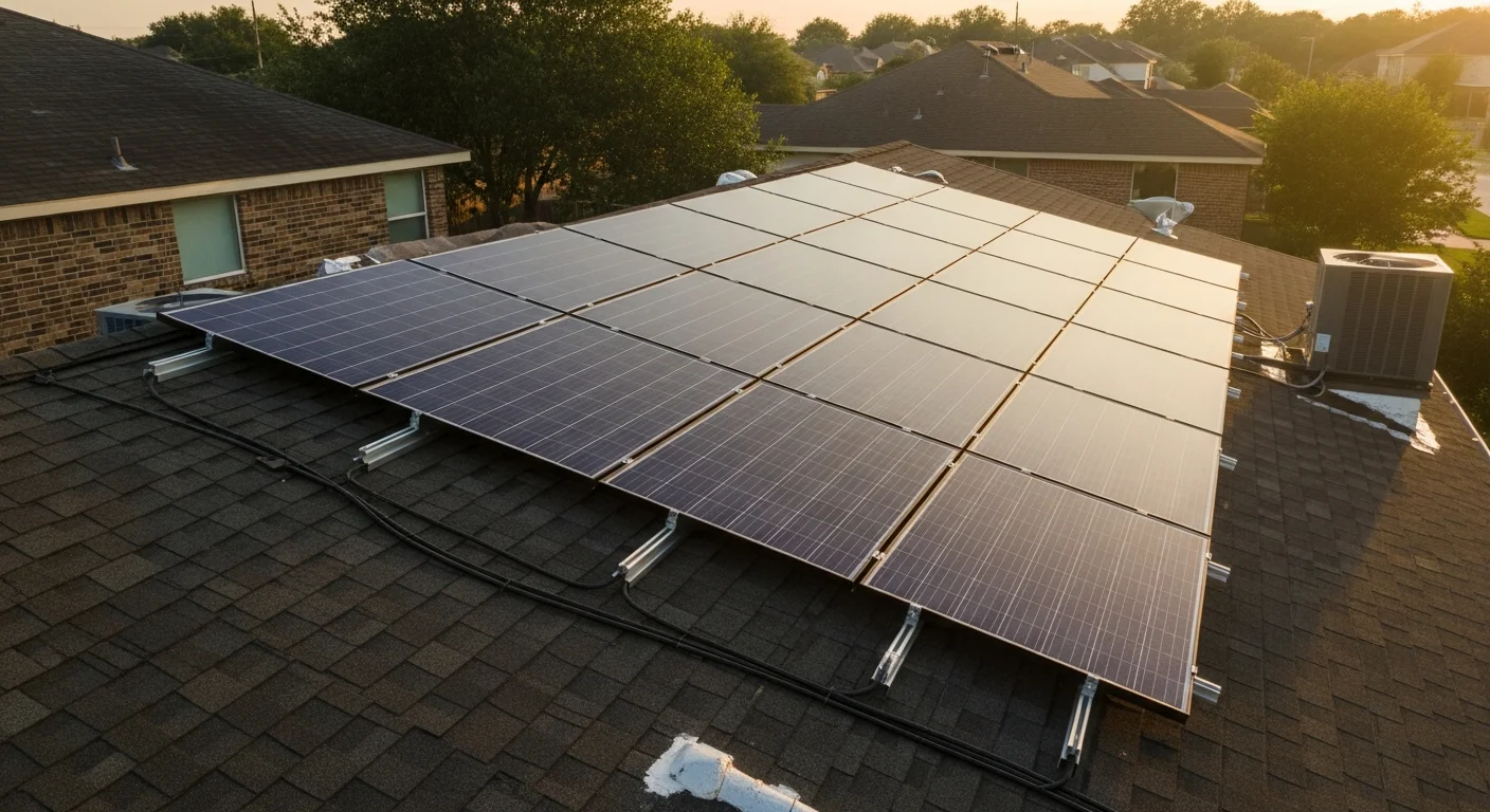 Residential solar panels mounted on a pitched roof of a single-family home in Houston, Texas, under a clear blue sky. The system covers the south-facing roof section with rows of dark panels connected to a rooftop conduit run.