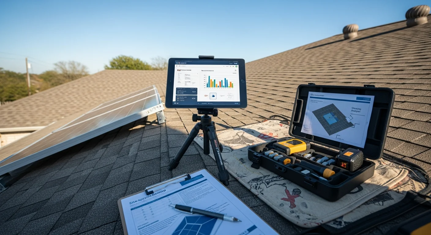 A Sun Capital Energy consultant reviewing a solar and battery system design plan with a Houston homeowner at a kitchen table, with printed roof layout diagrams and energy usage data visible. The home exterior shown through the window reflects a typical Houston single-family residential property.