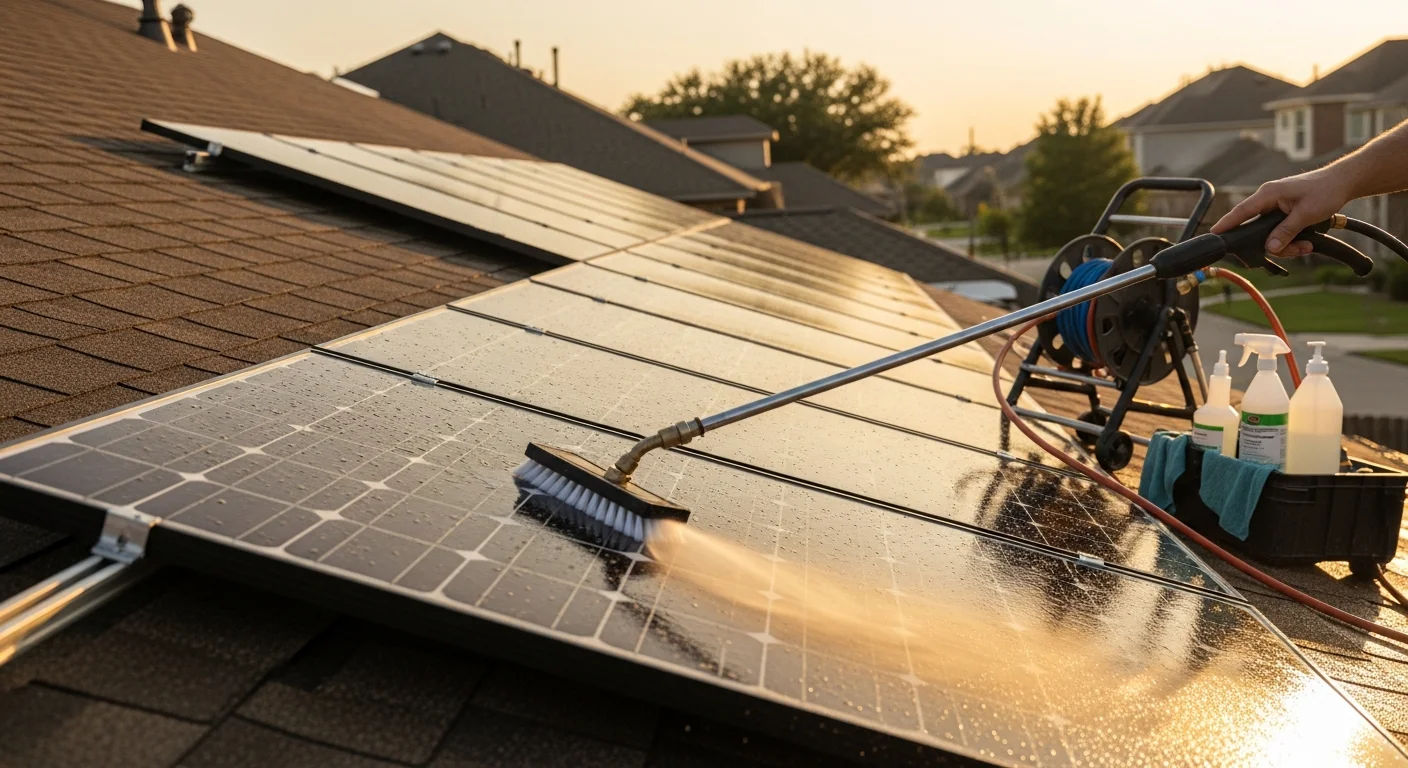 A technician cleaning rooftop solar panels on a Houston residential home, removing pollen and grime buildup using low-pressure equipment. The panels show a clear contrast between the cleaned and uncleaned sections under bright Texas sunlight.