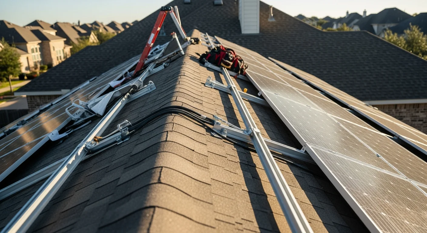 Rooftop solar panels installed on a single-story Houston home under a clear Texas sky, with panels angled toward the south to capture peak sun hours. The system is fully mounted and wired, ready for CenterPoint Energy grid interconnection.