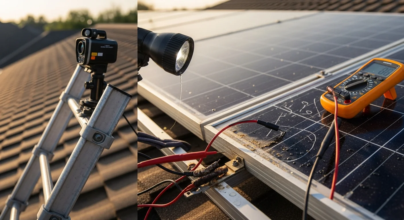 A Sun Capital Energy technician inspecting a residential rooftop solar array in Houston for hail damage and wiring faults. Close-up view of a cracked solar panel being assessed for repair on a Houston home.