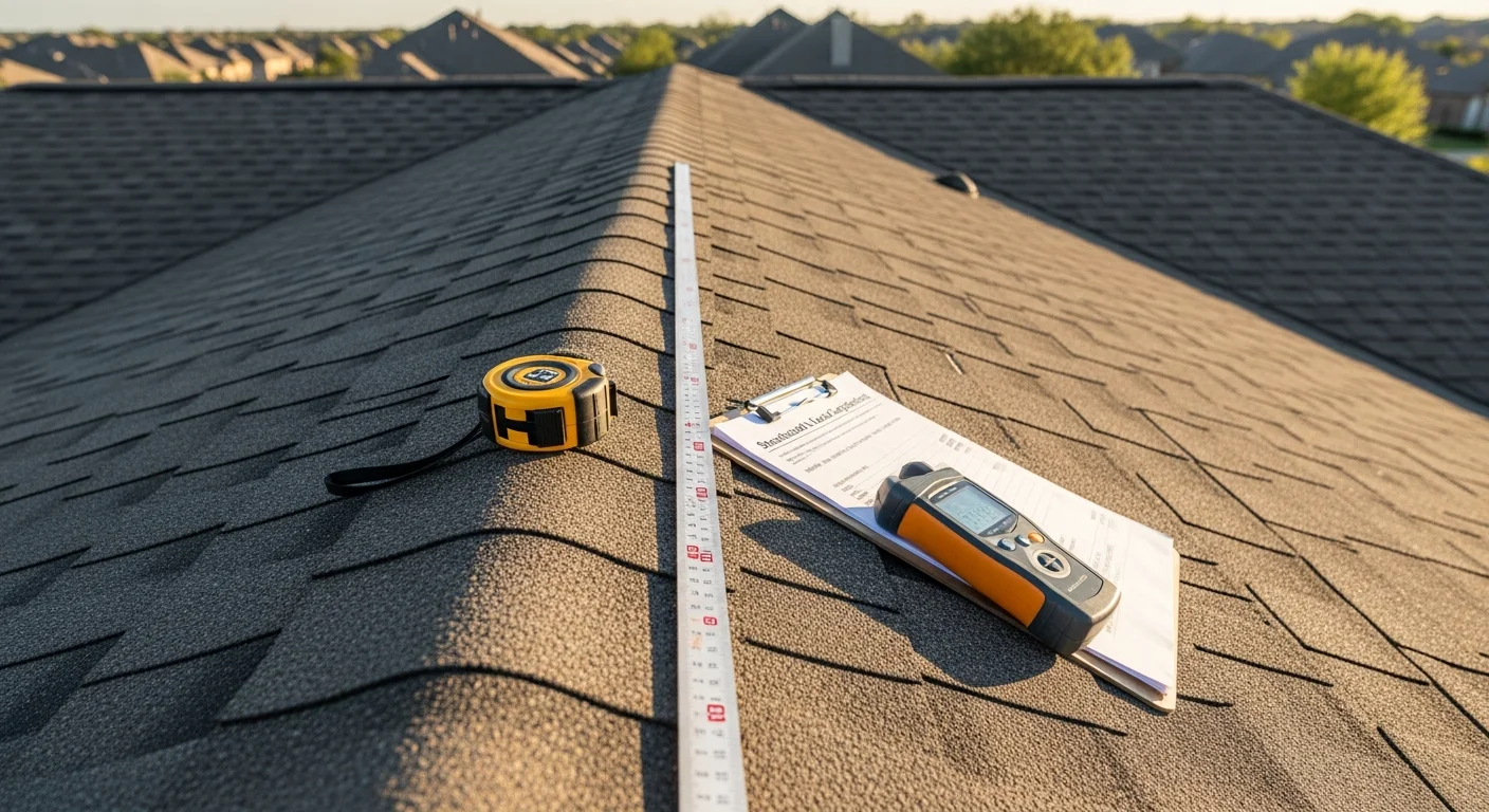 A Sun Capital Energy assessor inspecting the surface and structural condition of an asphalt shingle roof on a Houston residential home. The image shows the assessor reviewing roof pitch and shading in preparation for a solar panel installation assessment.