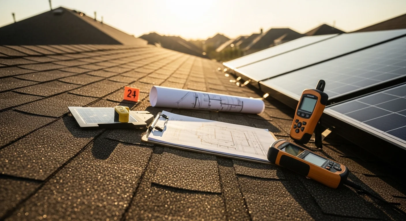 A Sun Capital Energy consultant reviewing a site assessment with a Houston homeowner outside a single-story residential property on a clear, sunny day. Clipboard with roof and energy usage notes visible in the foreground.