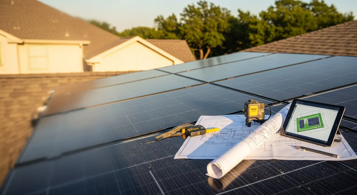 A detailed solar system design layout displayed over an aerial view of a Houston residential rooftop, showing panel placement mapped to roof sections and orientation. A Sun Capital Energy technician reviews the site plan on a tablet during an on-site assessment.