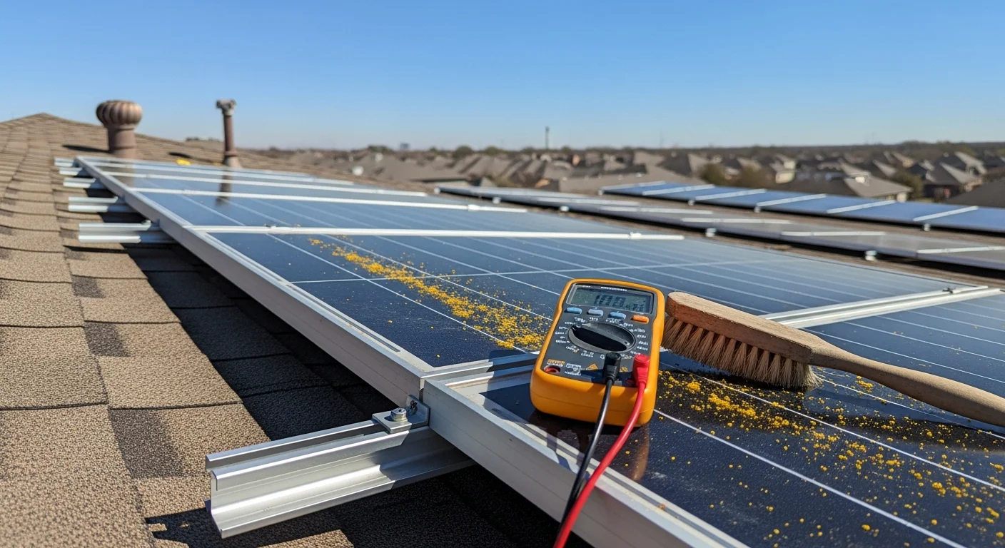 A Sun Capital Energy technician inspecting rooftop solar panels on a Houston home, checking wiring connections and panel surfaces after storm season. Close-up view shows clean, undamaged panels with secure mounting hardware under a clear Texas sky.